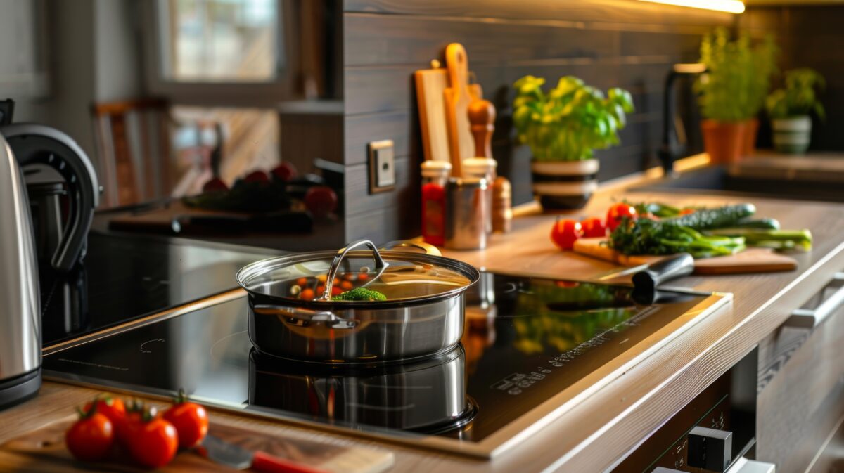 Modern kitchen with a stainless steel pot cooking on an induction cooktop, surrounded by fresh vegetables and herbs on countertops.