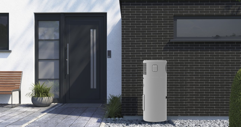 Modern home exterior with dark brick and white walls, featuring a heat pump hot water system installed beside the front entrance.