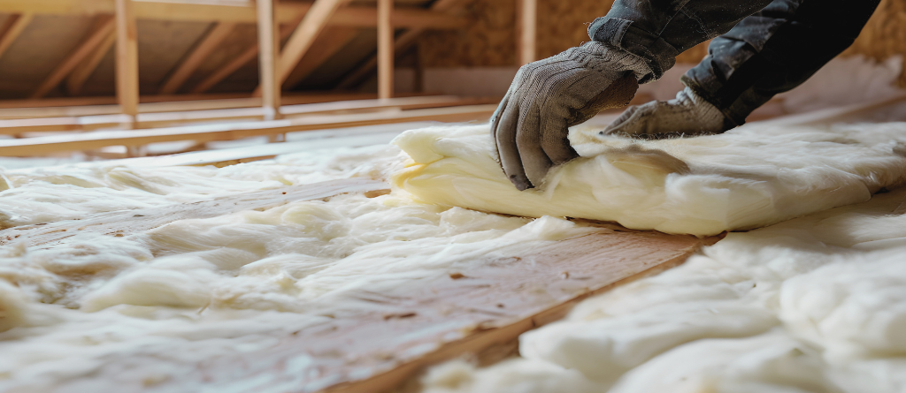 Worker wearing gloves installing insulation in an attic.